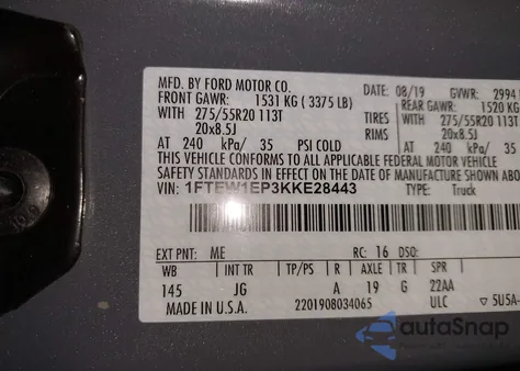 2019 Ford F-150 Xl z USA, uszkodzony, nr VIN 1FTEW1EP3KKE28443